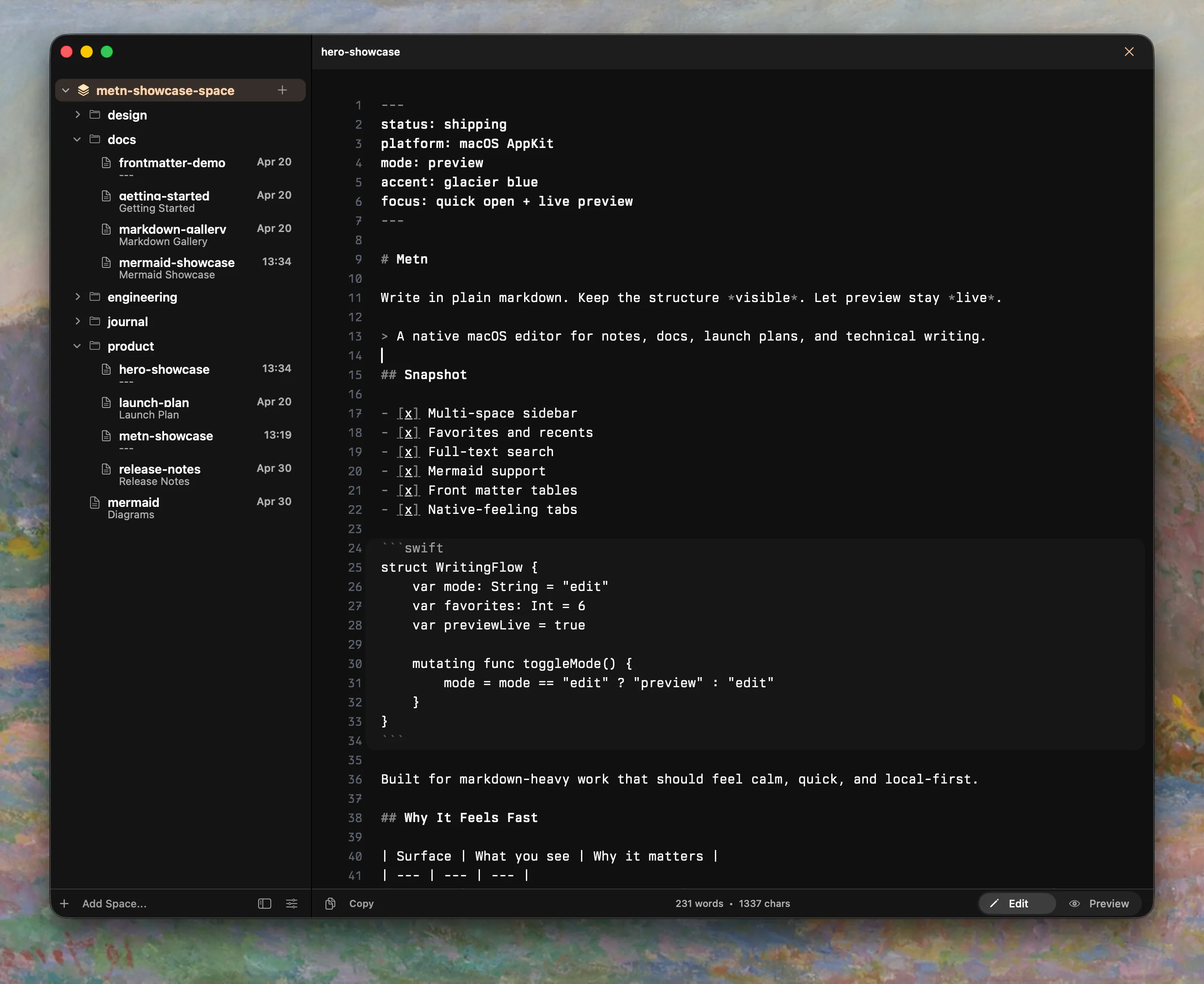Metn edit mode screenshot in dark theme